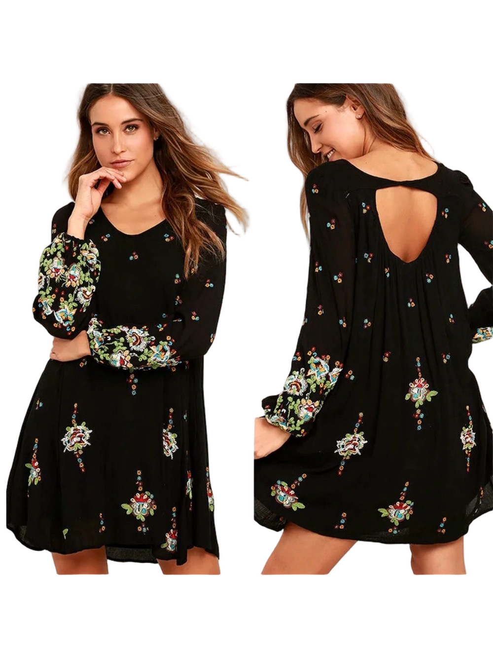 🍋Free People Boho Floral Embroidered Black Long-Sleeve Swing Dress size XS GUC